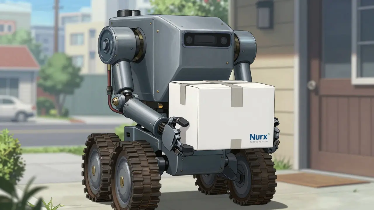 Delivery robot holding discreet package on doorstep in manga style