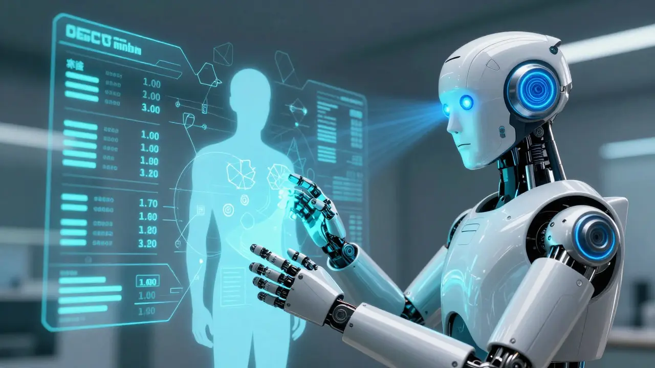 Diagnostic android scanning patient with holographic data
