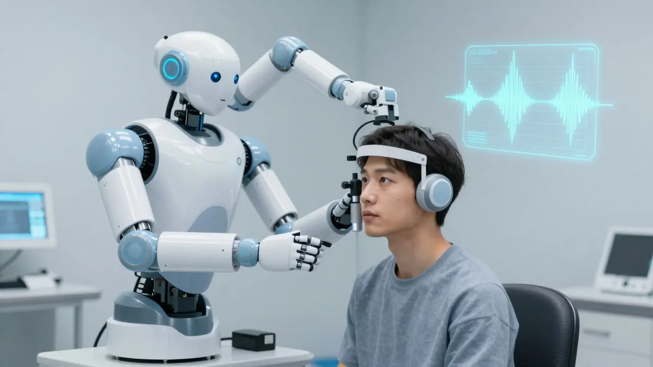 Diagnostic robot performing hearing test on a patient