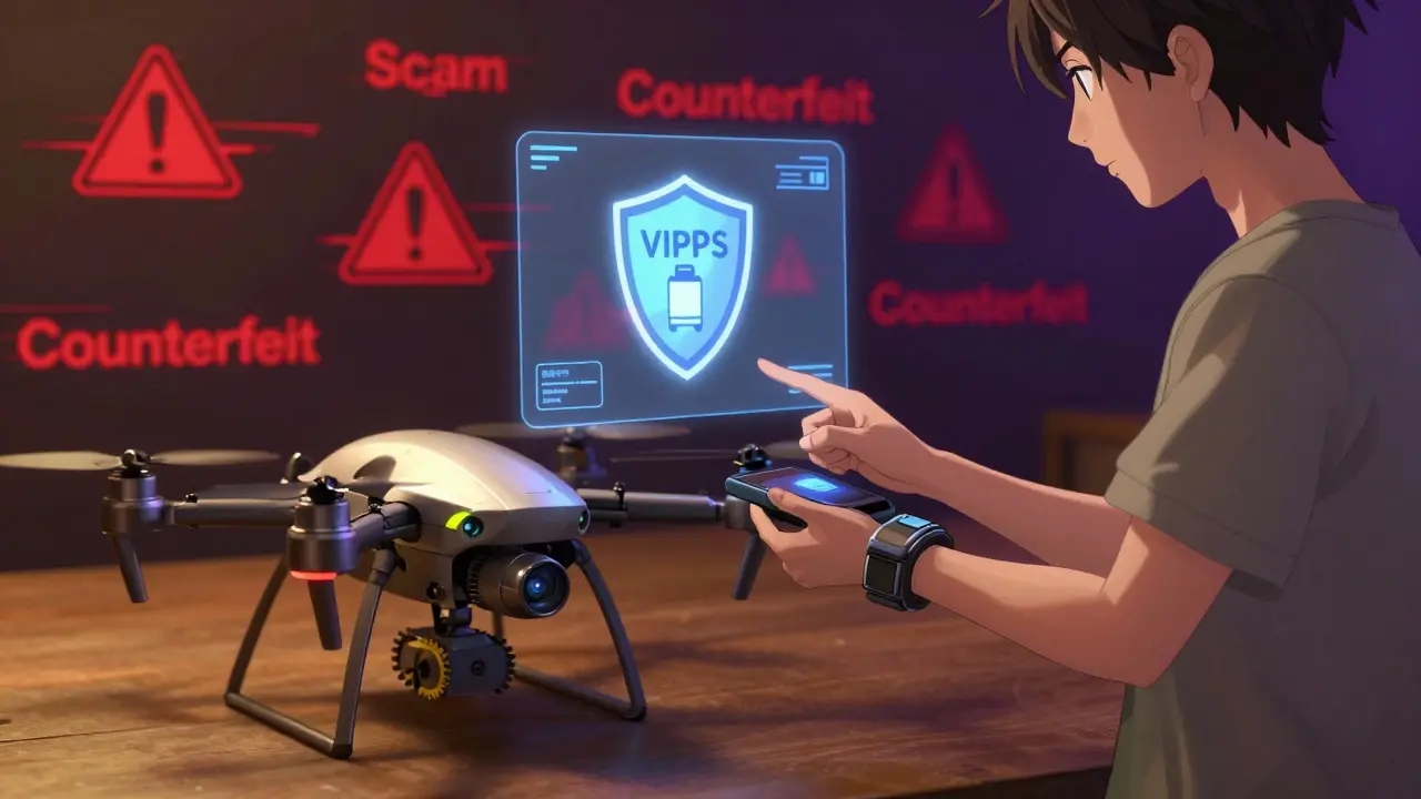 Drone assistant projecting security shields against online pharmacy scams