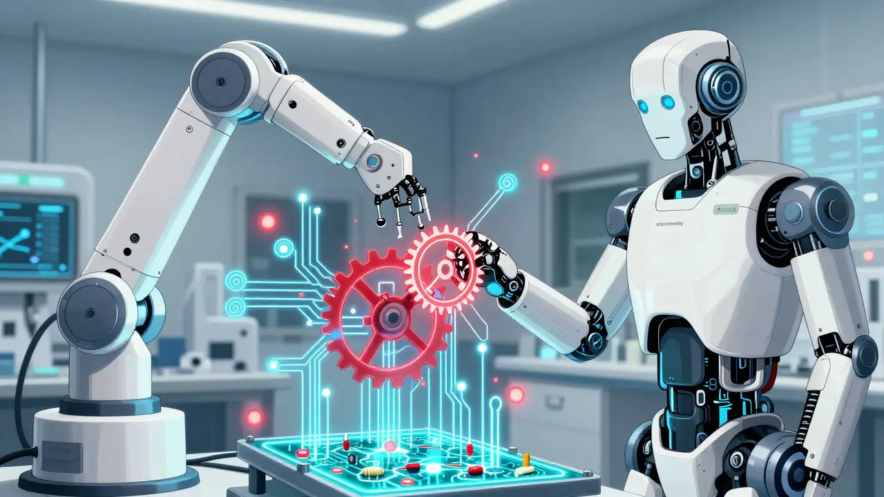 Futuristic robotic system analyzing chemical bonds and drug interaction networks.