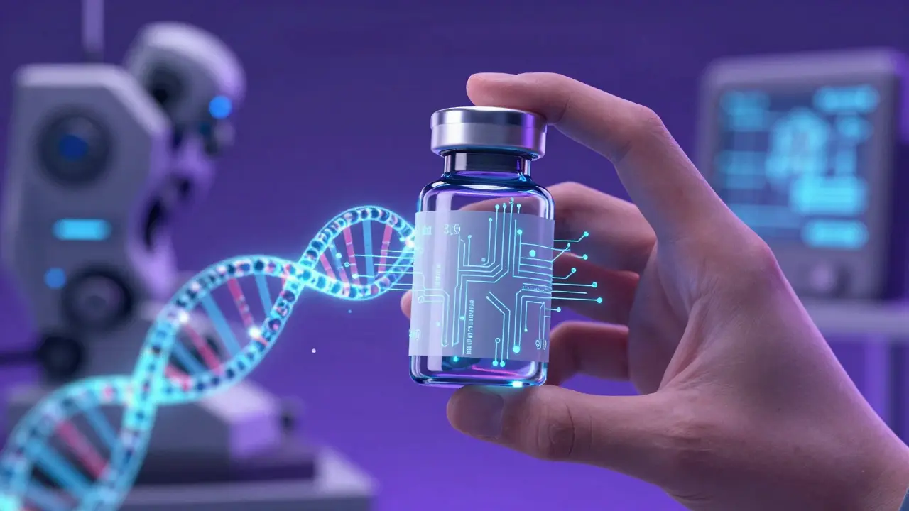 Hand holding pill with genetic data overlay in anime art