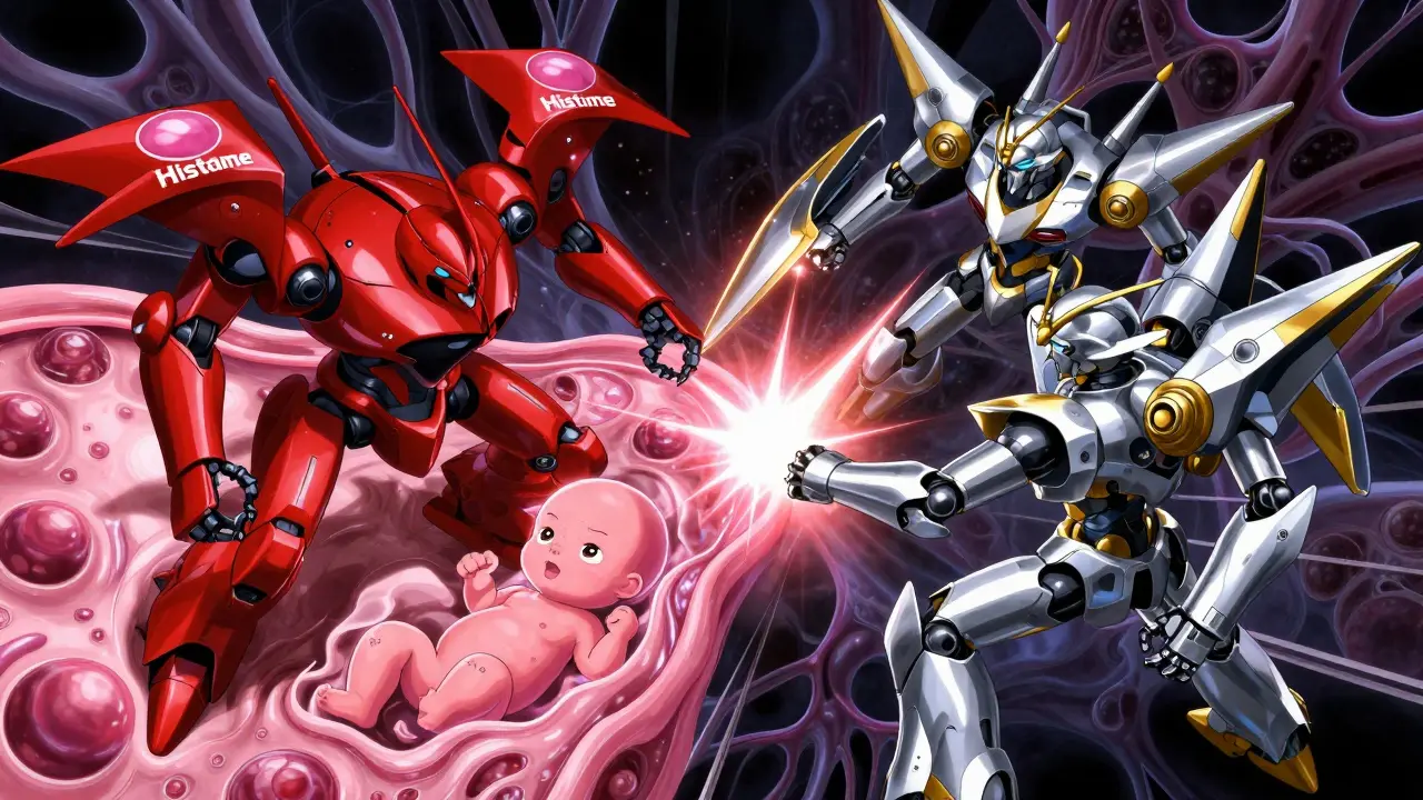 Mecha robots blocking histamine attacks to protect developing fetus in anime style