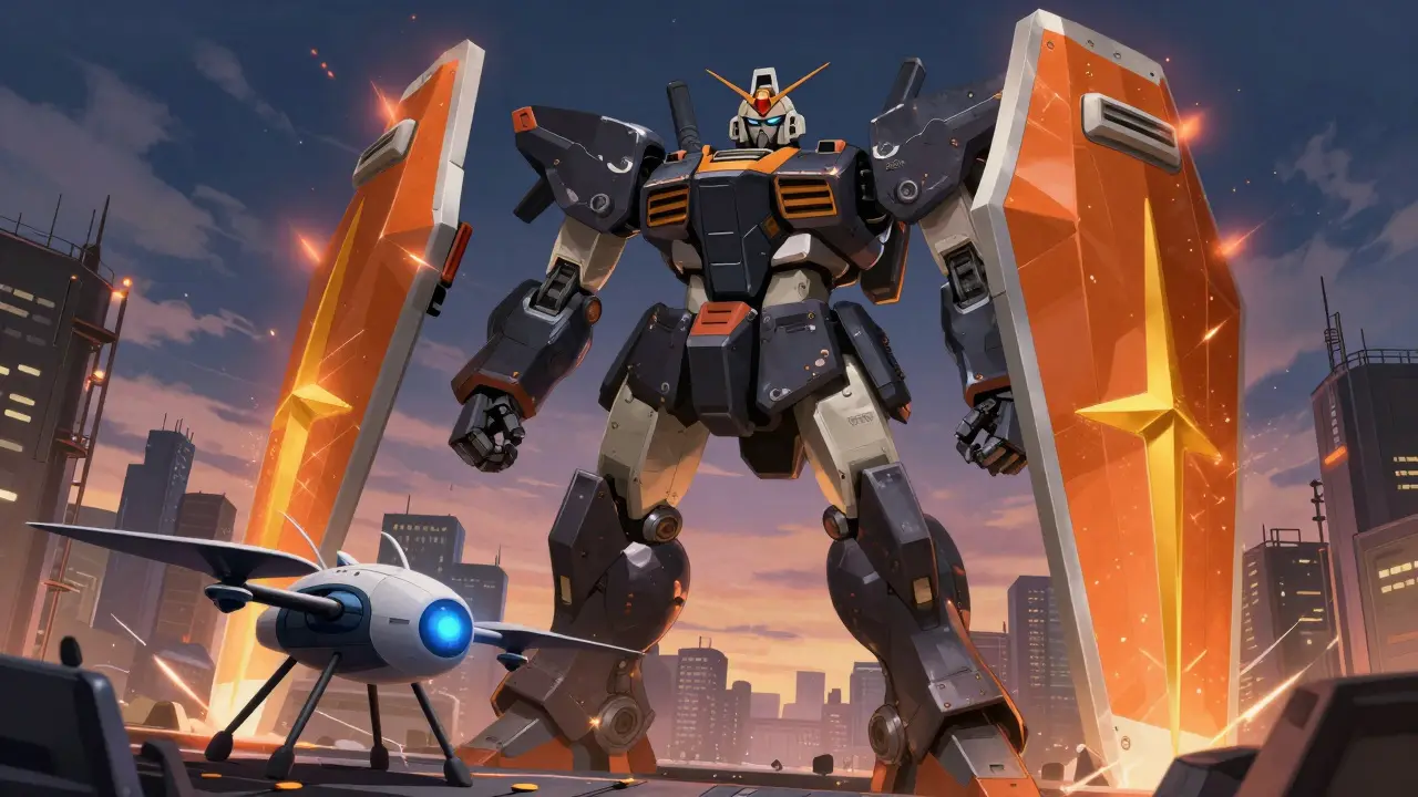 Mecha shield blocking drones, symbolizing patent barriers to generics.