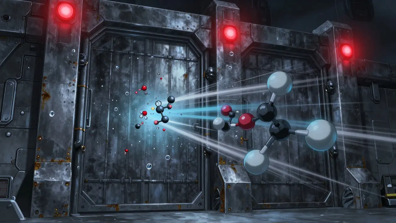 Molecules bouncing off a metallic blood-brain barrier gate in anime style