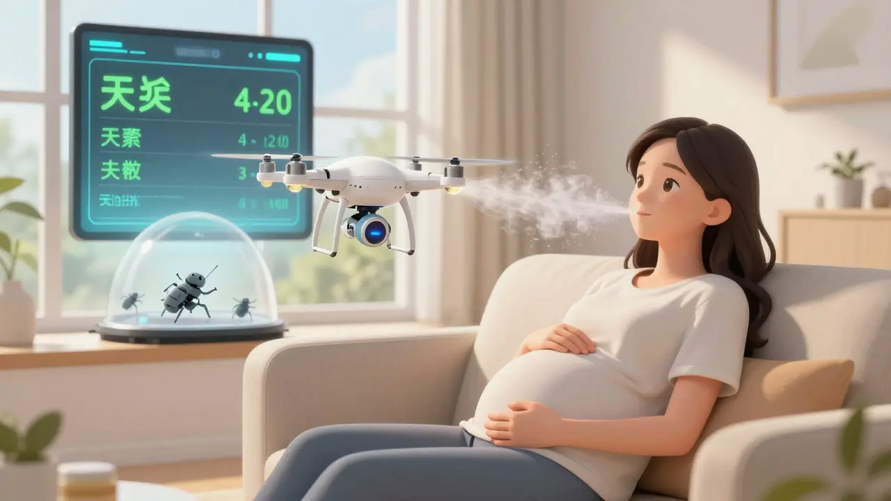 Pregnant woman relaxing at home while tech drone cleans air from allergens