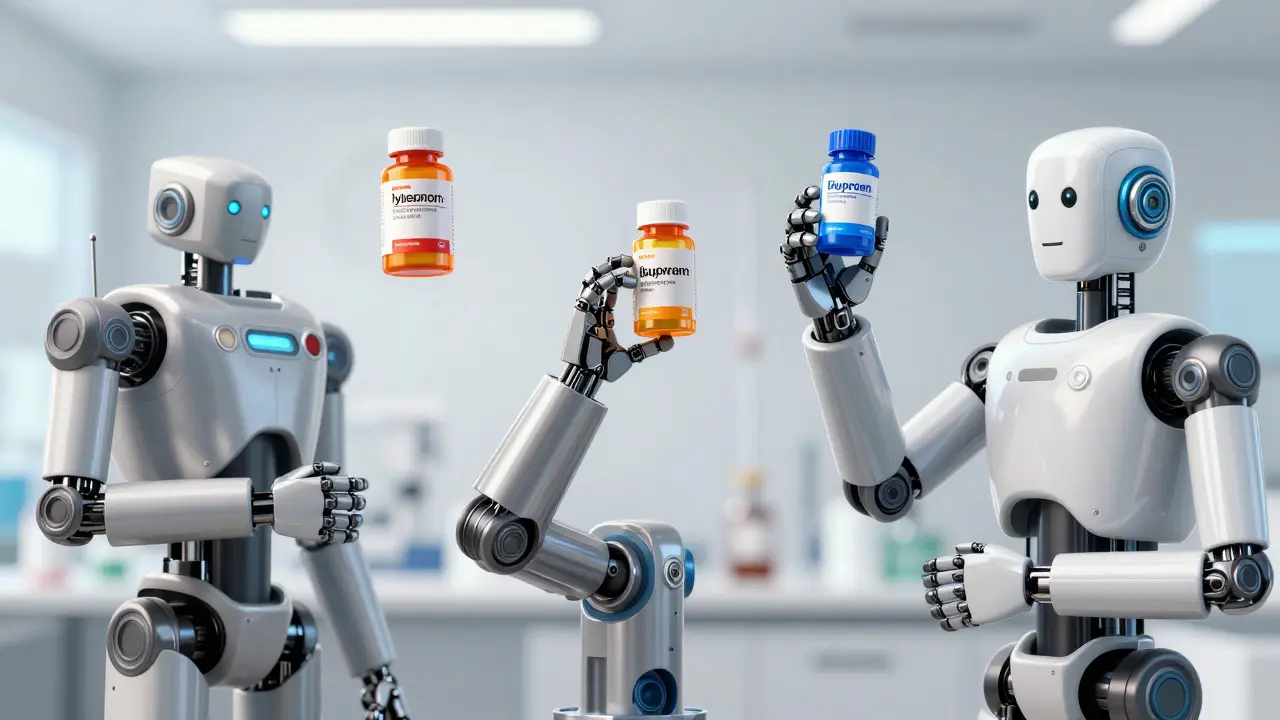 Robotic arms holding various pain reliever bottles for comparison