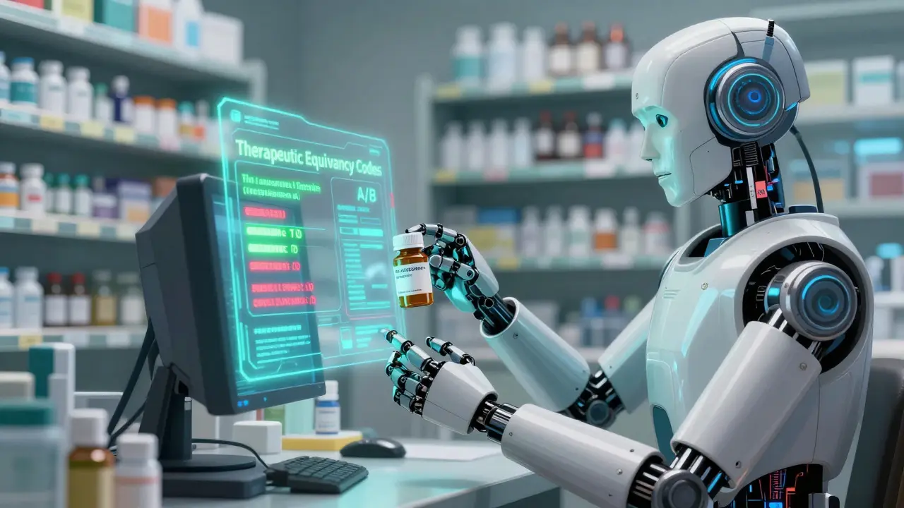 Robotic pharmacist scanning drugs with floating equivalence code displays.