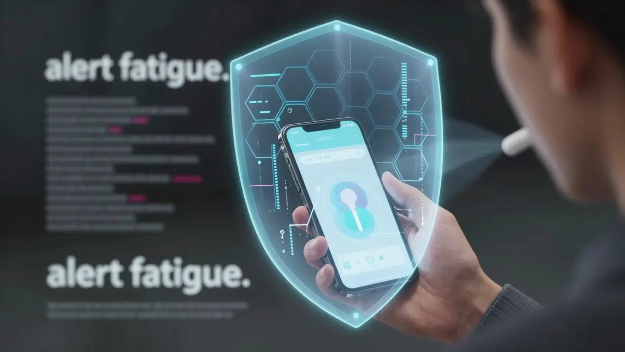 Smartphone projecting a mechanical safety shield around a patient taking meds.