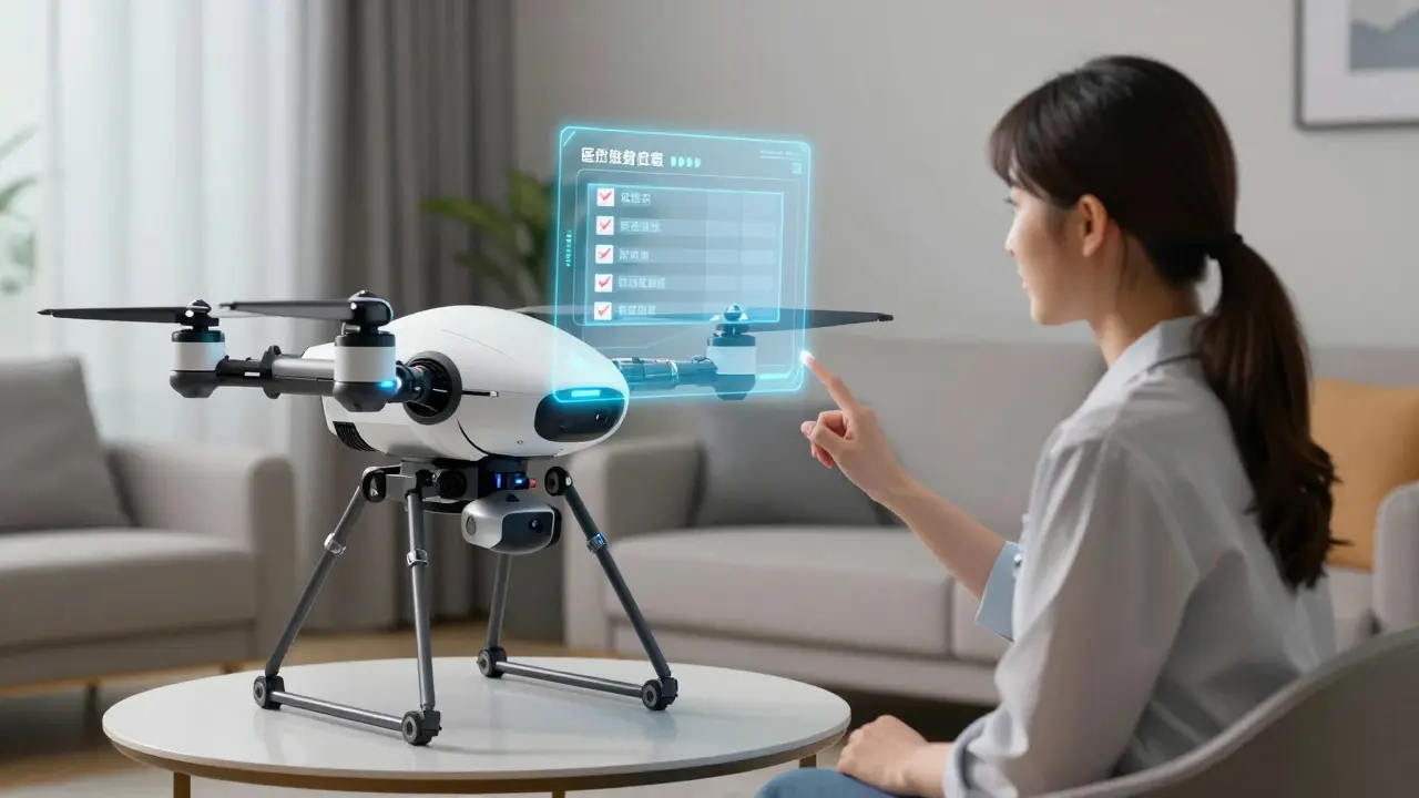 Woman consulting with medical drone via hologram in anime art